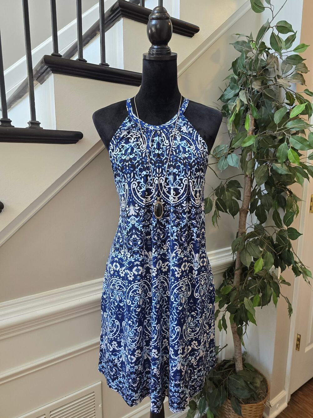 Jones New York A-Line Dress Women's Medium Blue Damask Halter Neck Shelf Bra